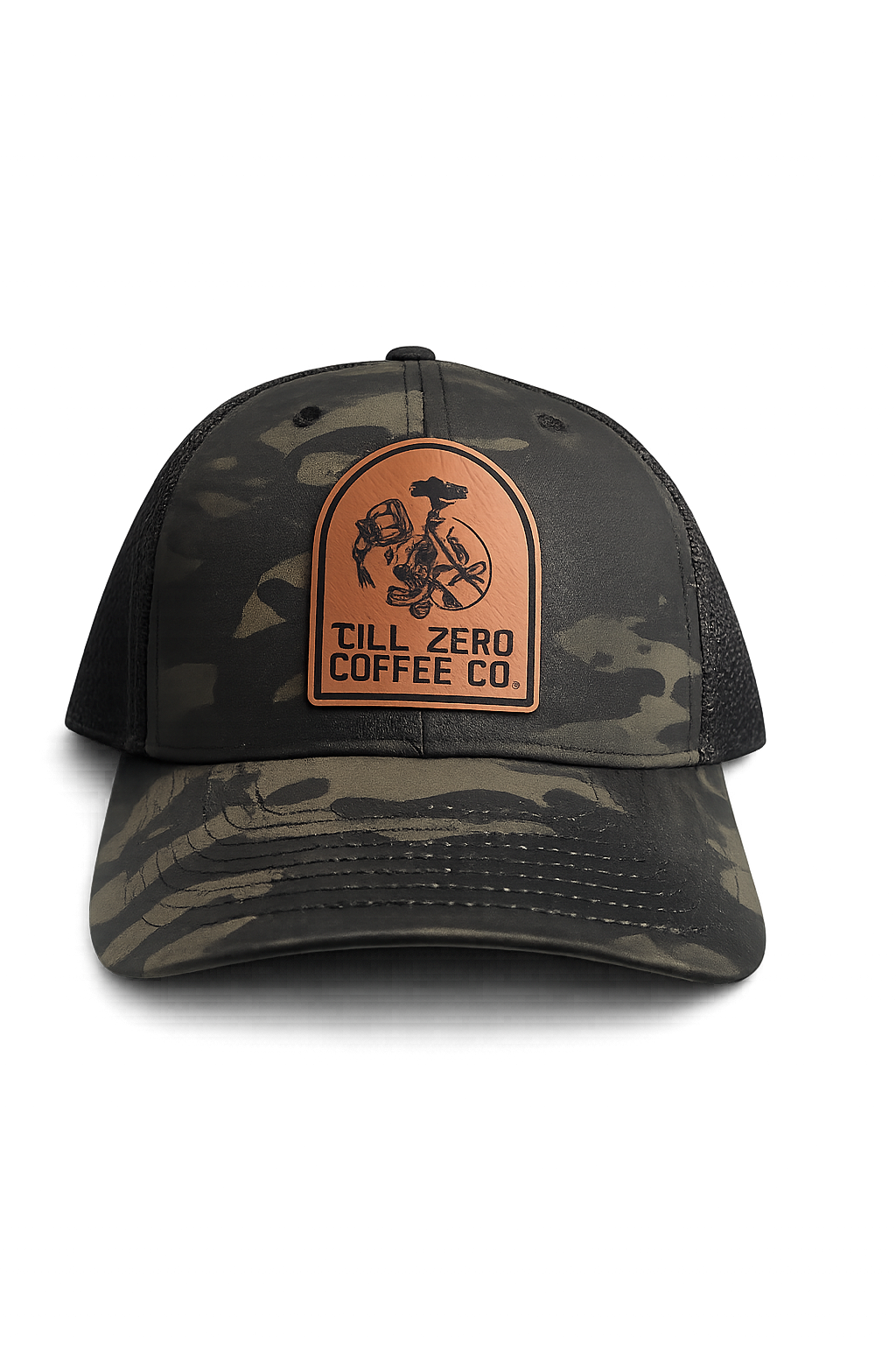 Till Zero Coffee Co. trucker cap in camo with leather-look patch
