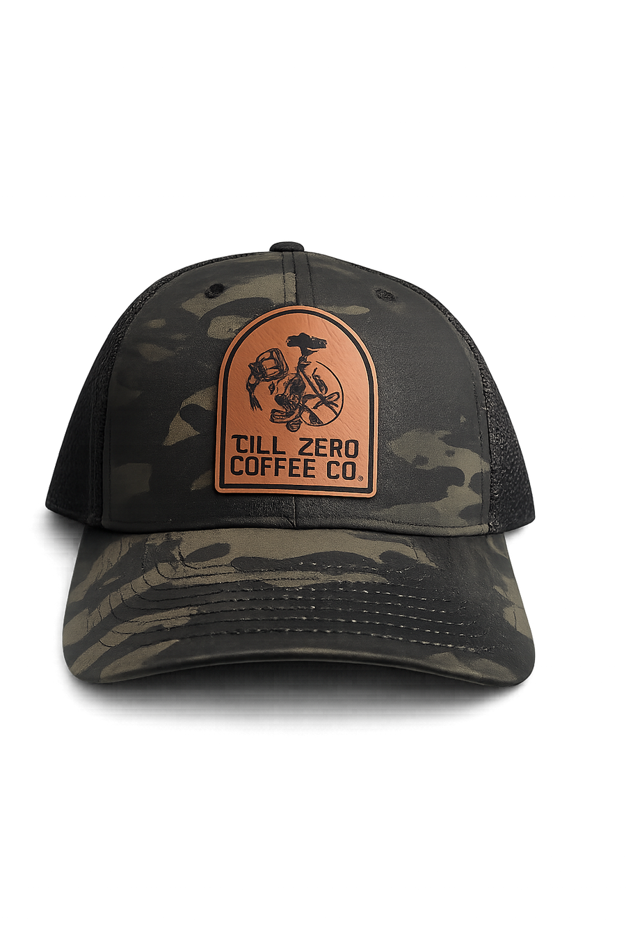 Till Zero Coffee Co. trucker cap in camo with leather-look patch