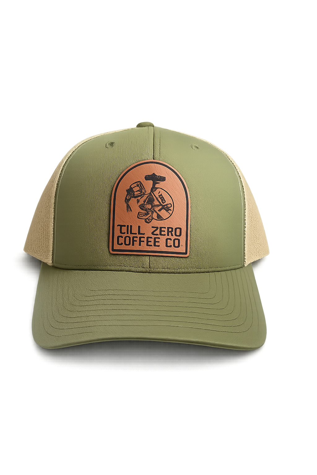 Till Zero Coffee Co. trucker cap in olive with tan mesh back and leather-look patch
