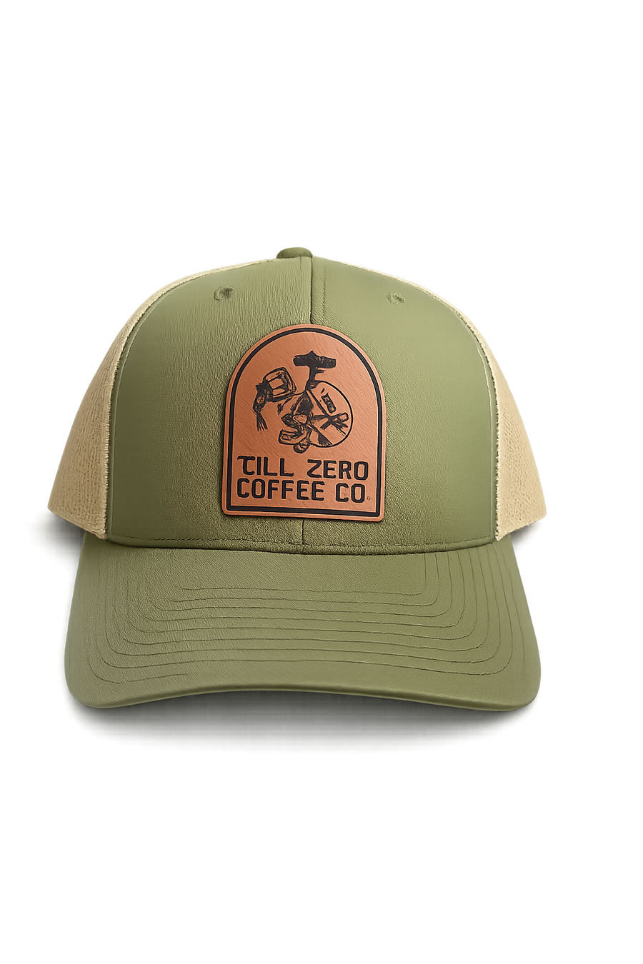 Till Zero Coffee Co. trucker cap in olive with tan mesh back and leather-look patch