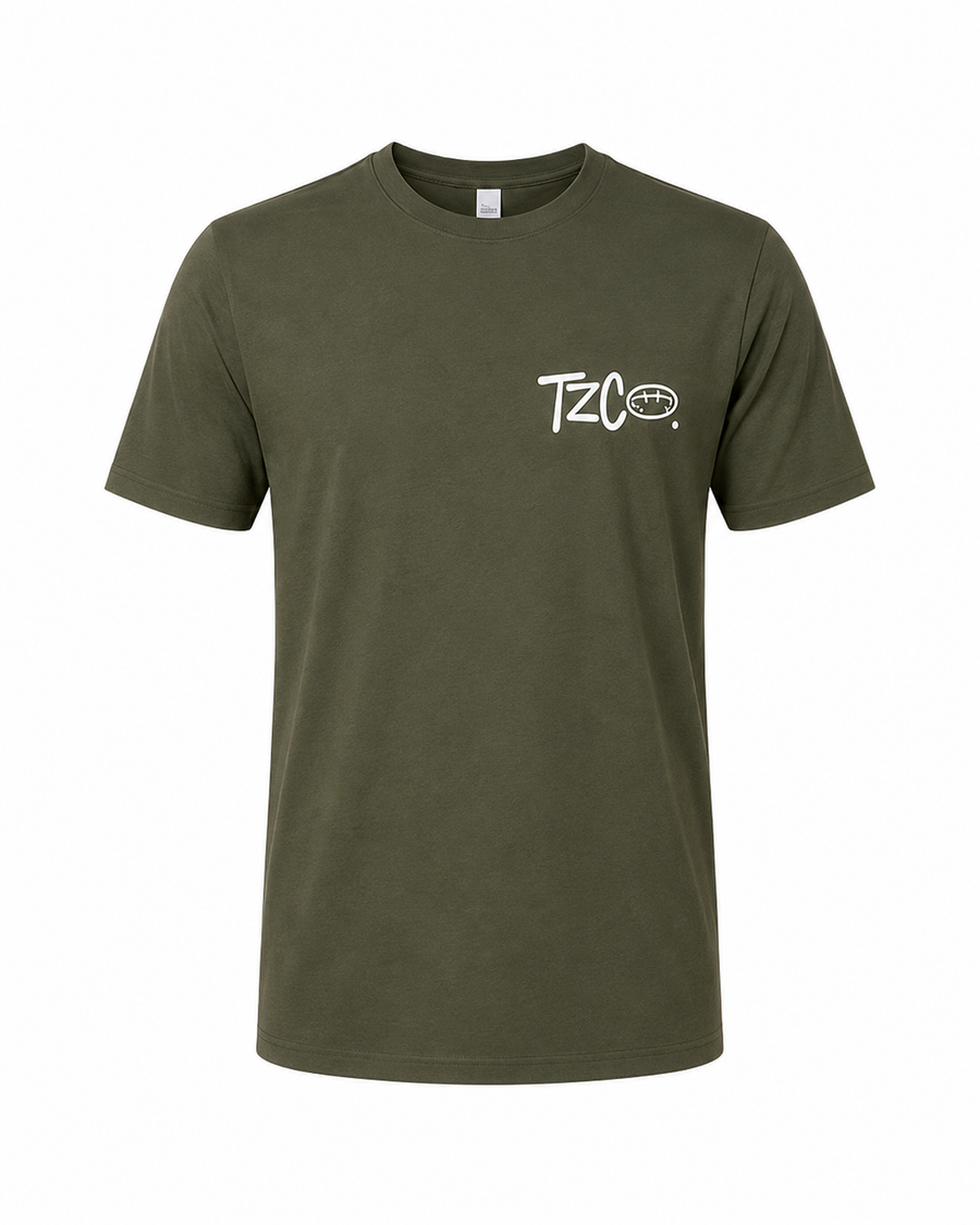 Till Zero Coffee Co. tee in olive, front, with TZCO chest wordmark