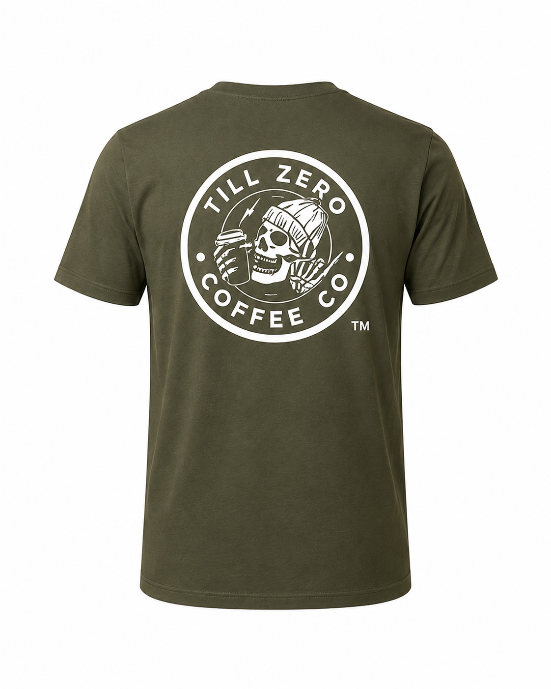 Till Zero Coffee Co. tee in olive, back, with Till Zero Coffee Co. badge