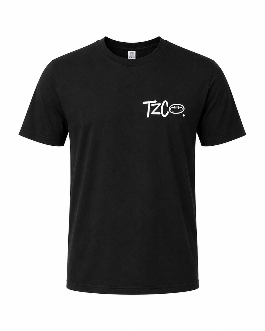 Till Zero Coffee Co. tee in black, front, with TZCO chest wordmark