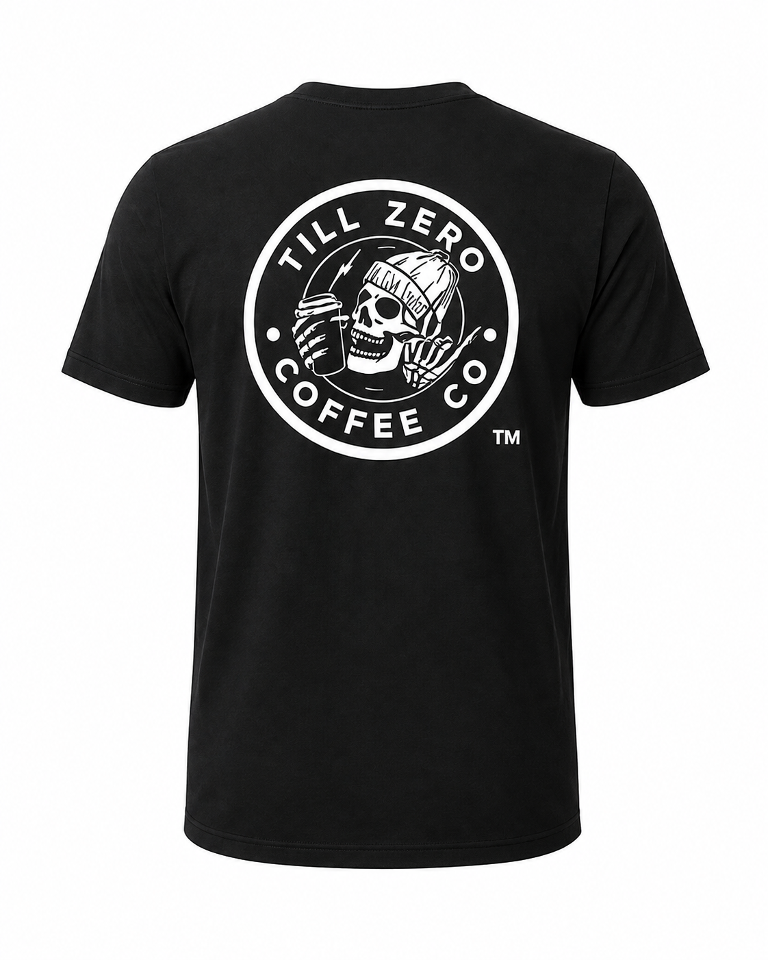 Till Zero Coffee Co. tee in black, back, with Till Zero Coffee Co. badge