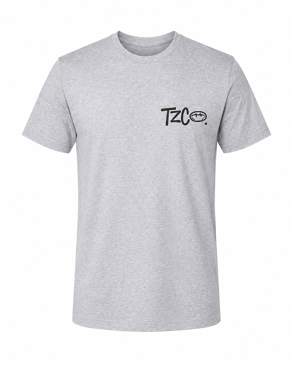 Till Zero Coffee Co. tee in heather gray, front, with TZCO chest wordmark