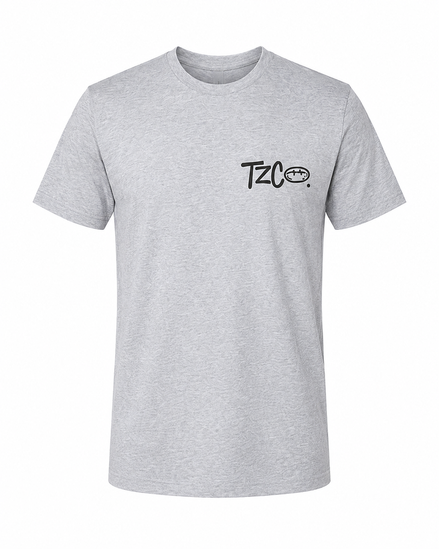 Till Zero Coffee Co. tee in heather gray, front, with TZCO chest wordmark