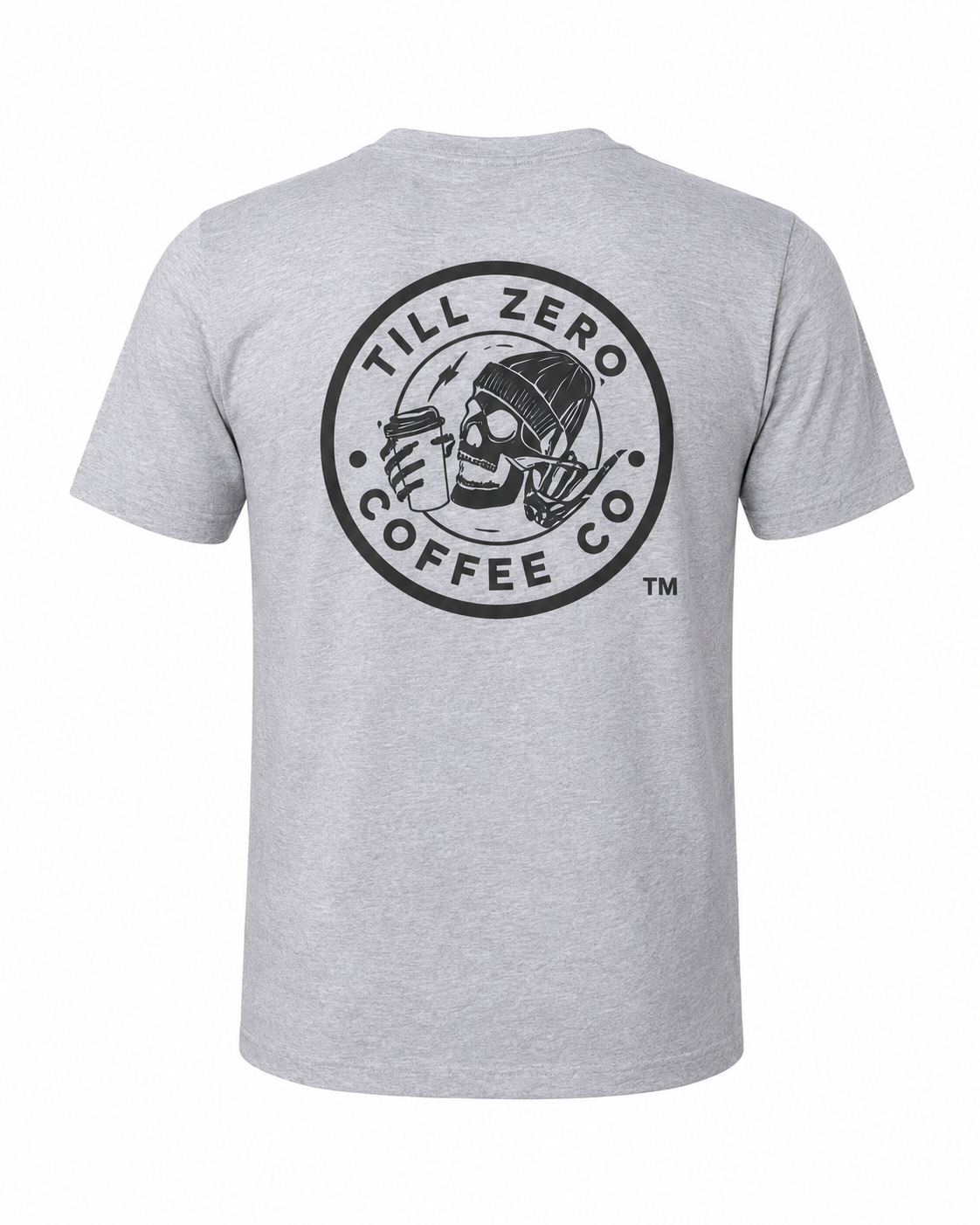 Till Zero Coffee Co. tee in heather gray, back, with Till Zero Coffee Co. badge
