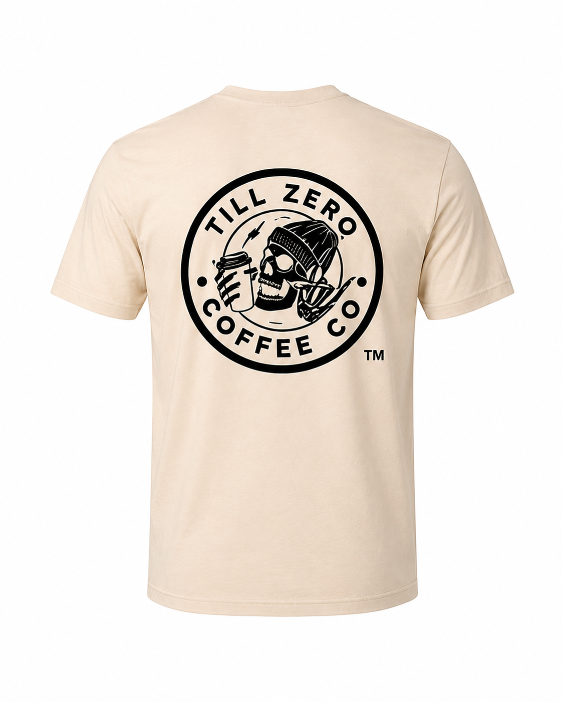 Till Zero Coffee Co. tee in cream, back, with Till Zero Coffee Co. badge