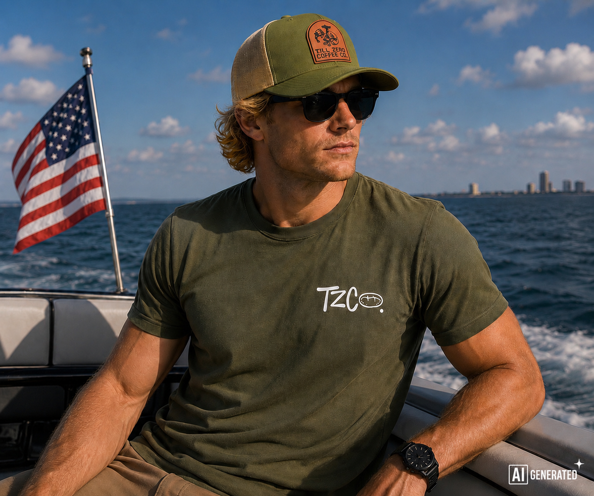 Till Zero Coffee Co. tee in olive worn outdoors, showing the TZCO chest wordmark