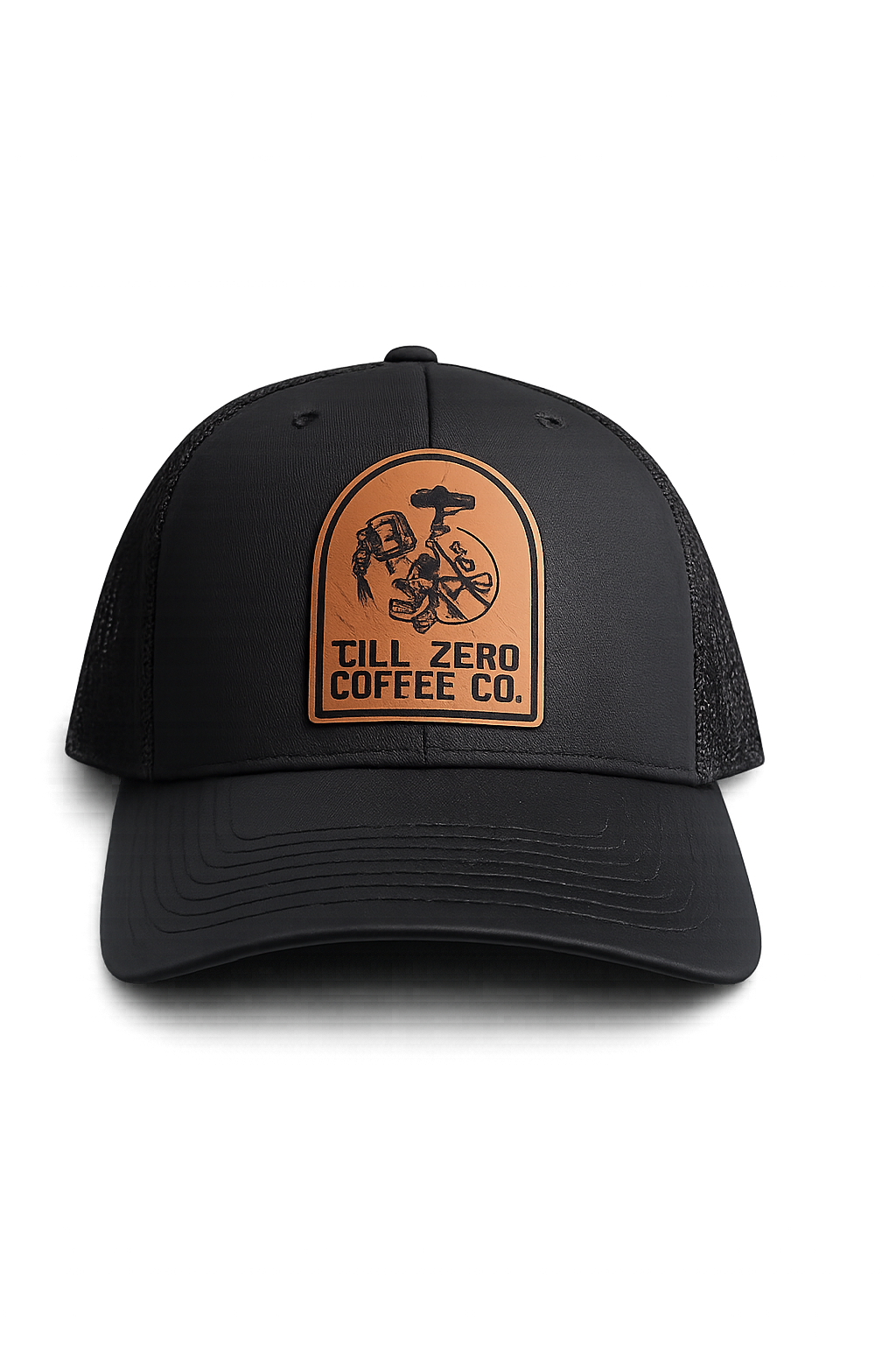 Till Zero Coffee Co. trucker cap in black with leather-look patch