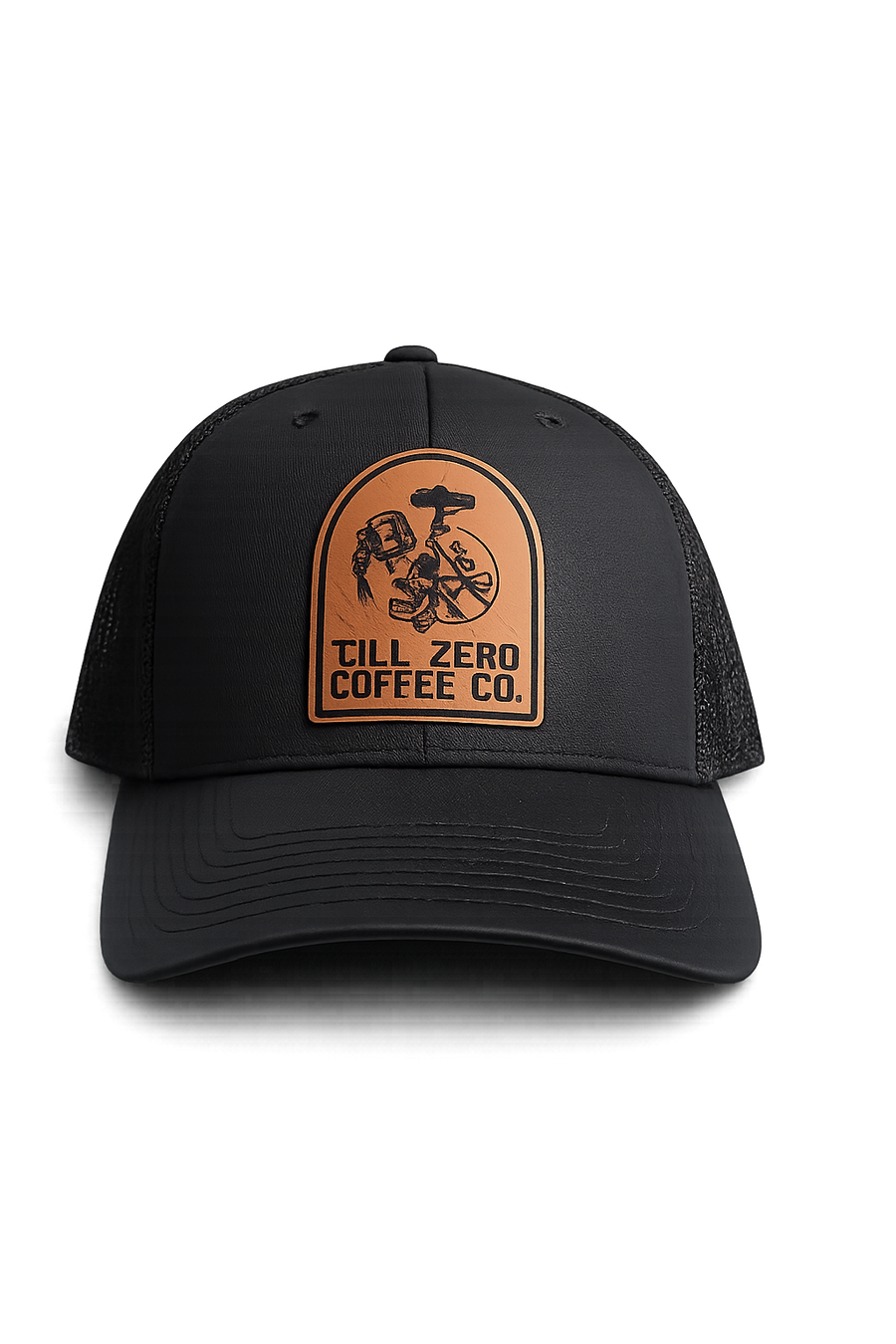 Till Zero Coffee Co. trucker cap in black with leather-look patch