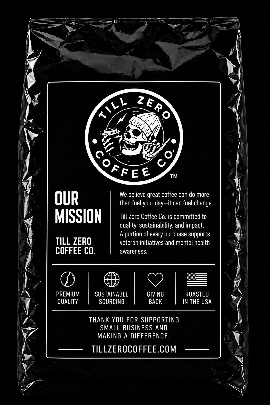 Back of the Till Zero Coffee Co. bag, showing the Our Mission panel and the Till Zero skull badge
