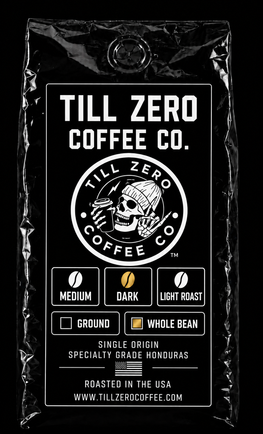 Till Zero Coffee Co. Dark Roast, 12 oz whole bean bag — single-origin specialty-grade Honduras, roasted in the USA