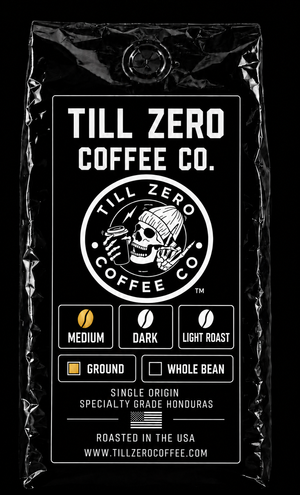 Till Zero Coffee Co. Medium Roast, 12 oz ground bag — single-origin specialty-grade Honduras, roasted in the USA