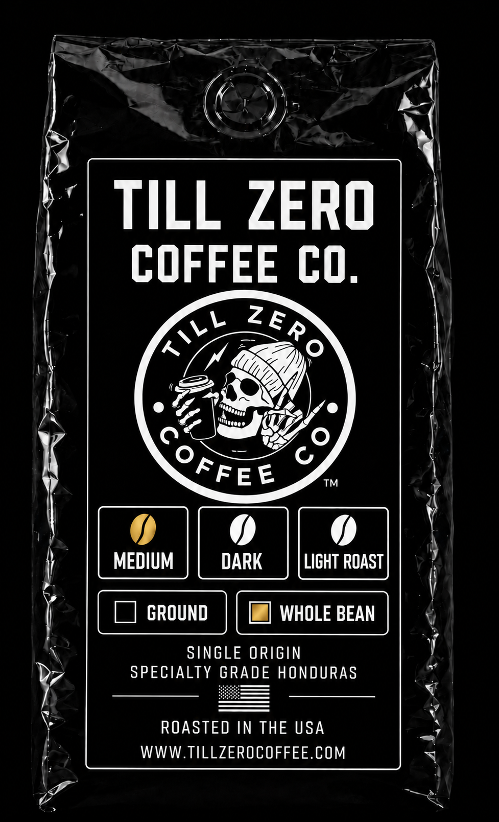 Till Zero Coffee Co. Medium Roast, 12 oz whole bean bag — single-origin specialty-grade Honduras, roasted in the USA
